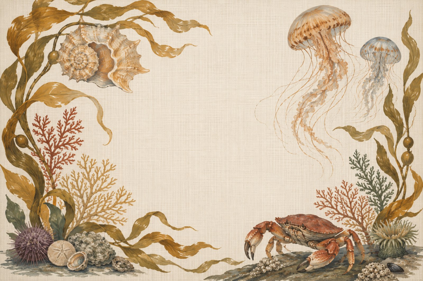 AI-painted sepia kelp mural plate on grasscloth